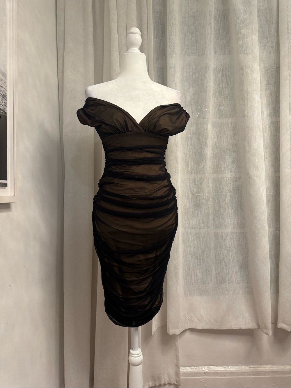 Norma Kamali Black Ruched Off Shoulder Sheer Overlay Cocktail Dress
